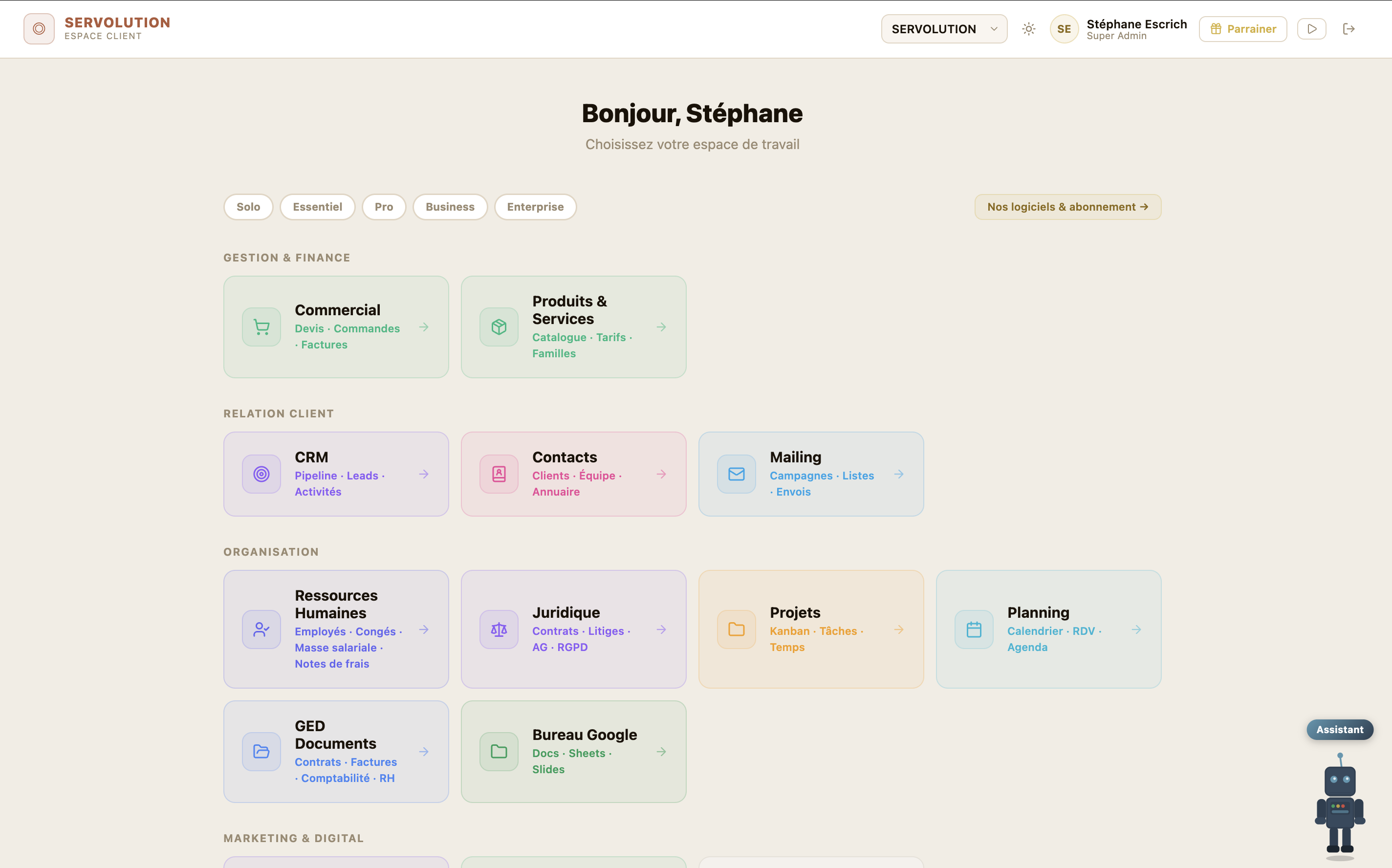Tableau de bord Servolution avec vue d'ensemble des modules