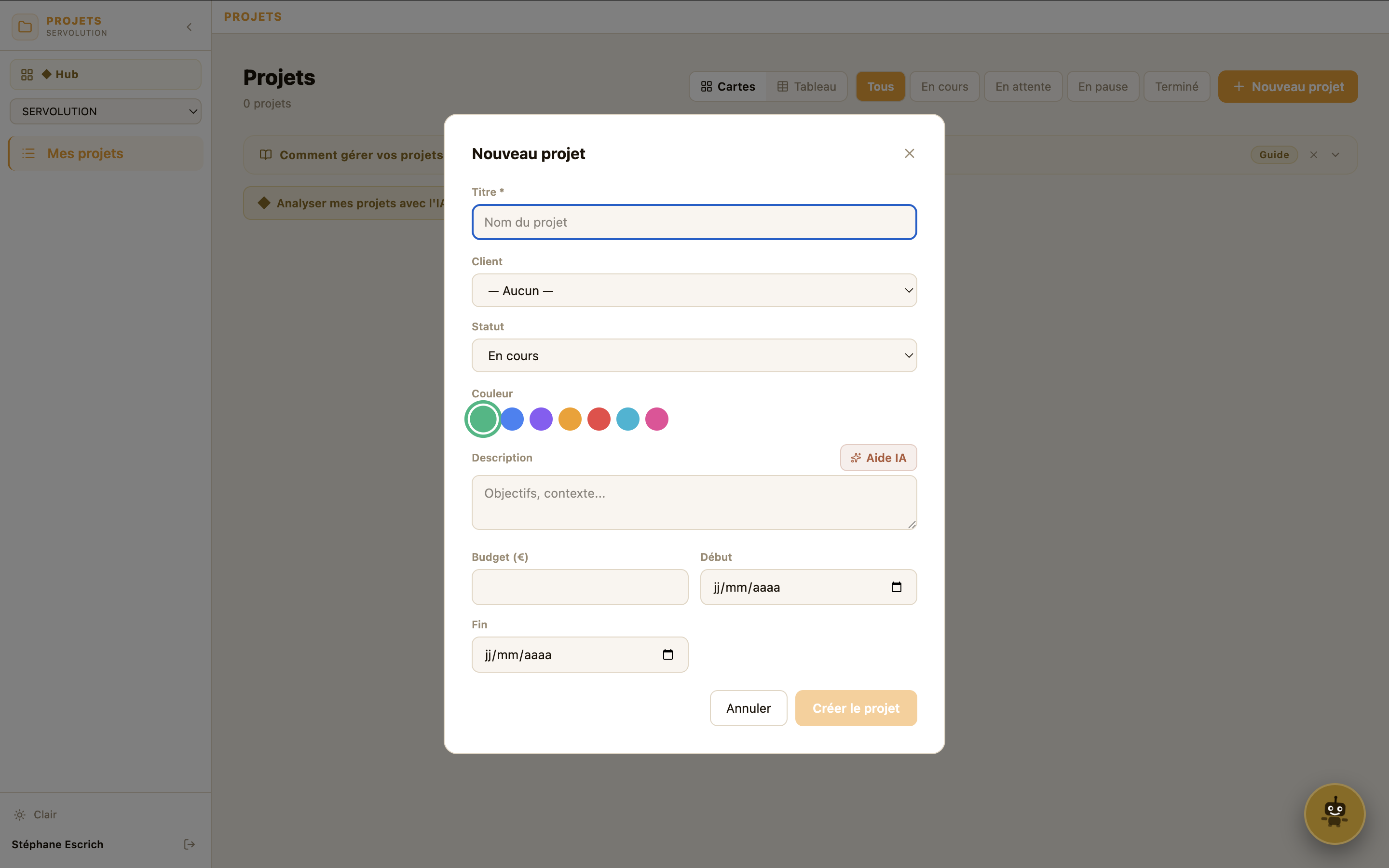 Module Projets Servolution en vue Kanban