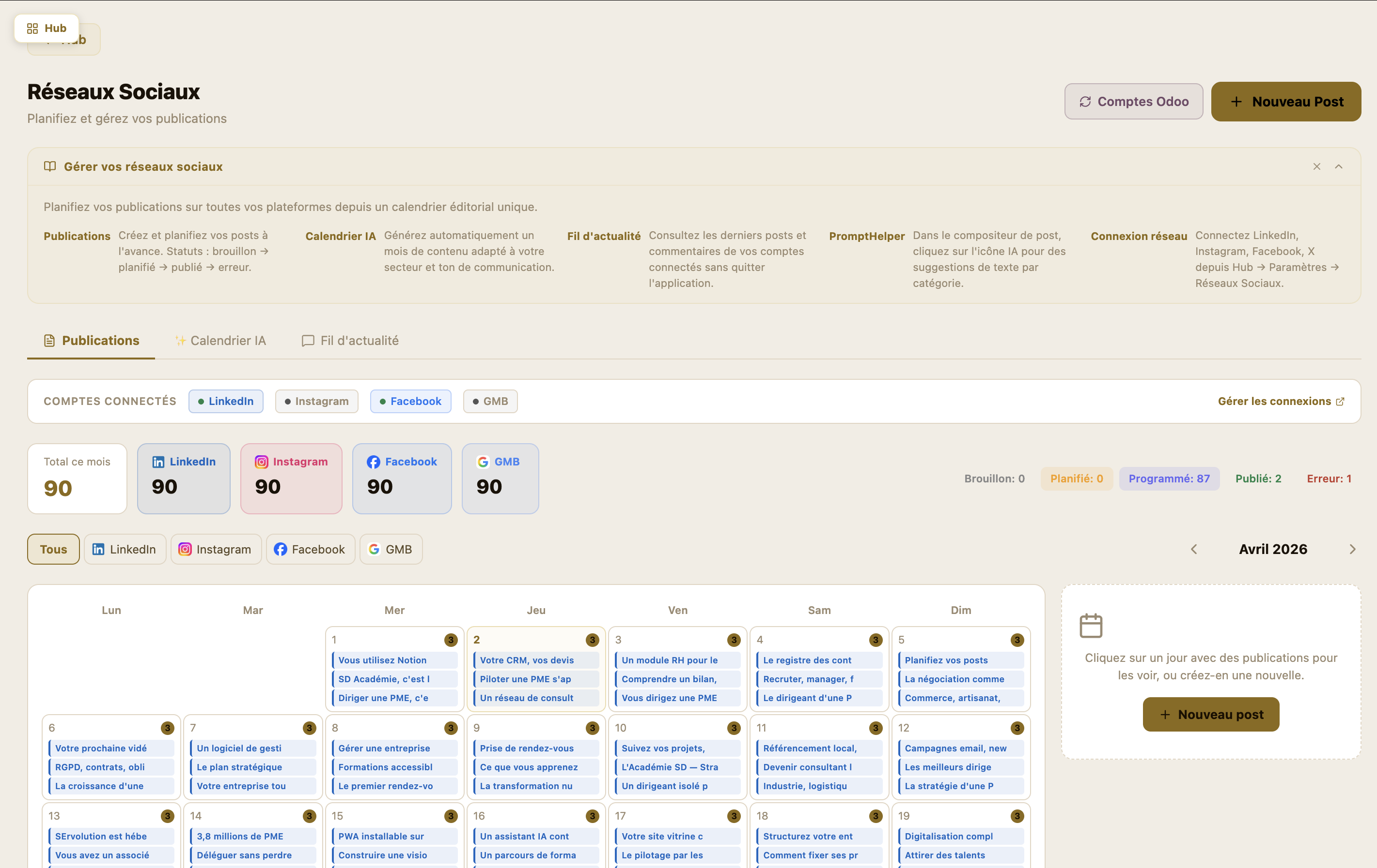 Calendrier de publications réseaux sociaux piloté par l'IA dans Servolution